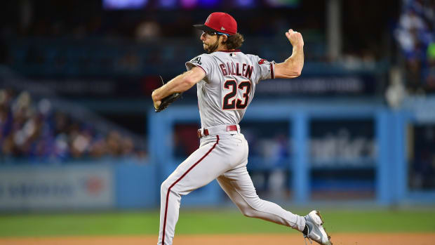 Zac Gallen pitching in the 5th inning against the Dodgers March 30th
